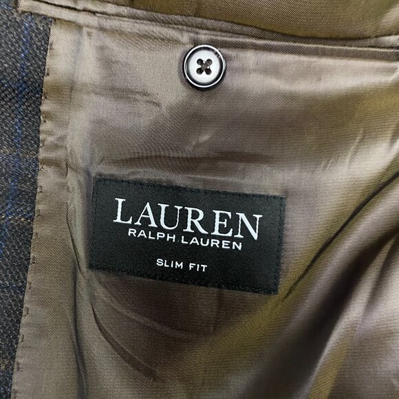 Lauren Ralph Lauren Wool Blazer Sport Coat Men's 44L Brown Blue Windowpane Plaid - Picture 7 of 15